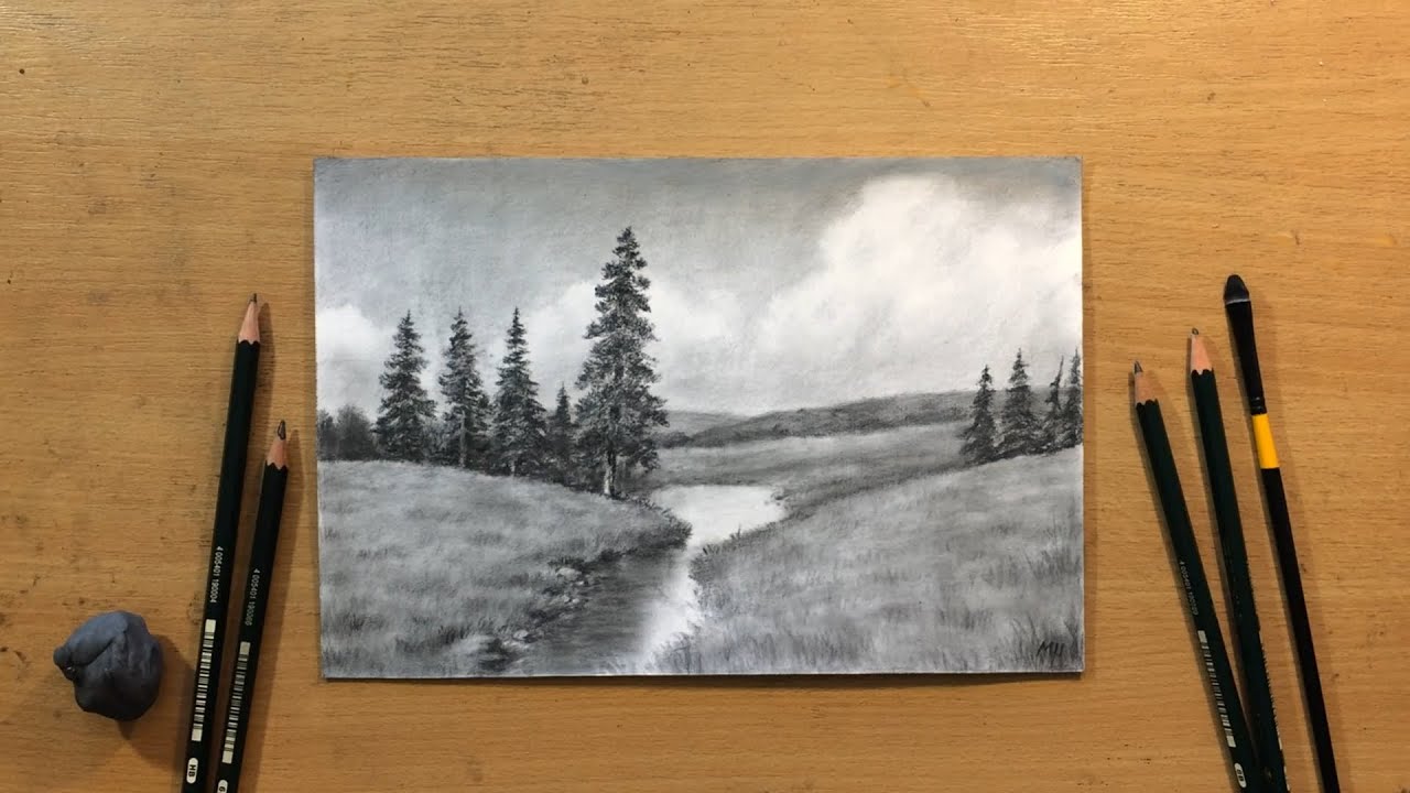 Landscape Drawing in Graphite Pencil Step by Step 